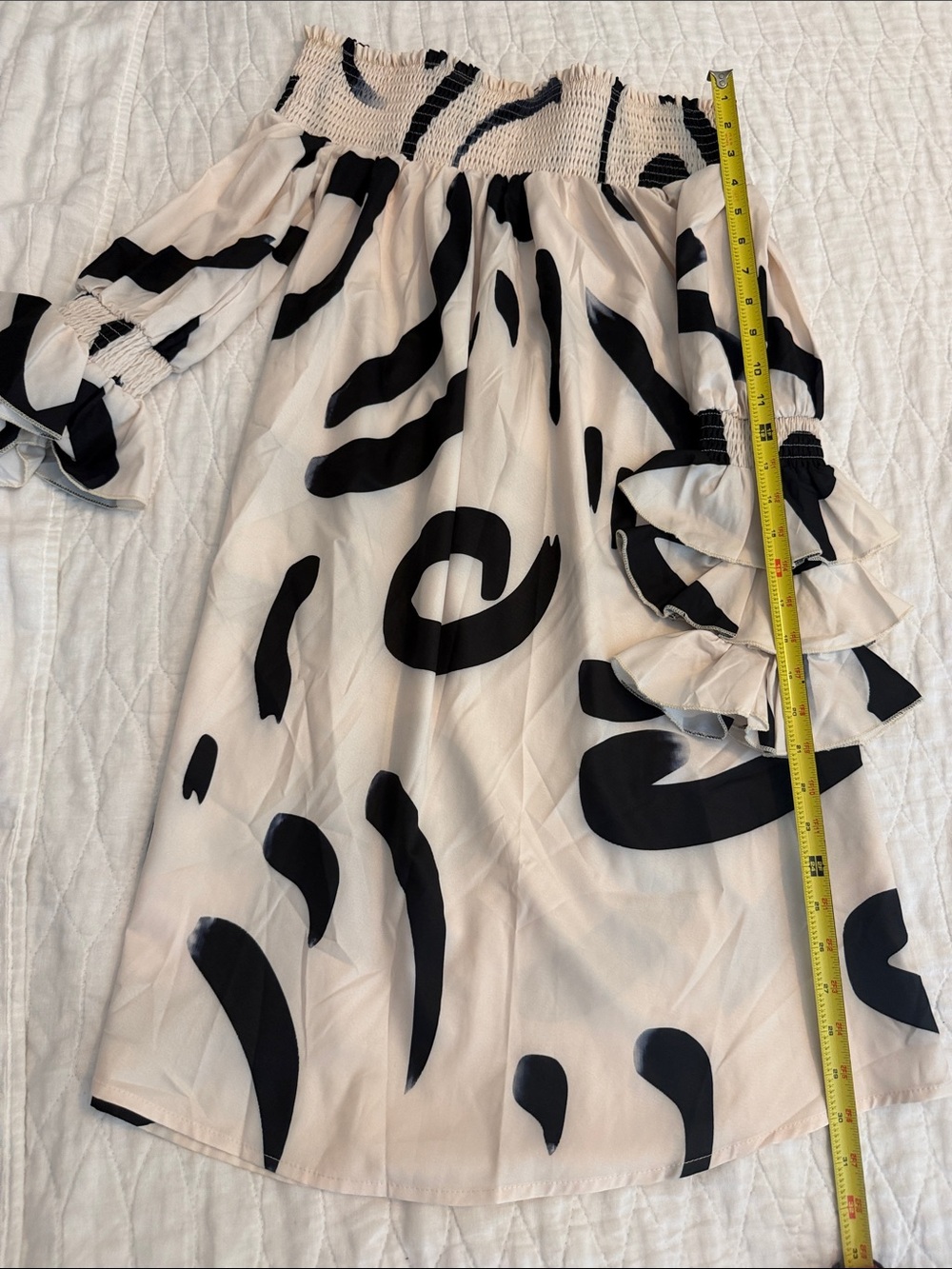 Off-Shoulder Black and Cream Printed Ruffle Sleeve Dress